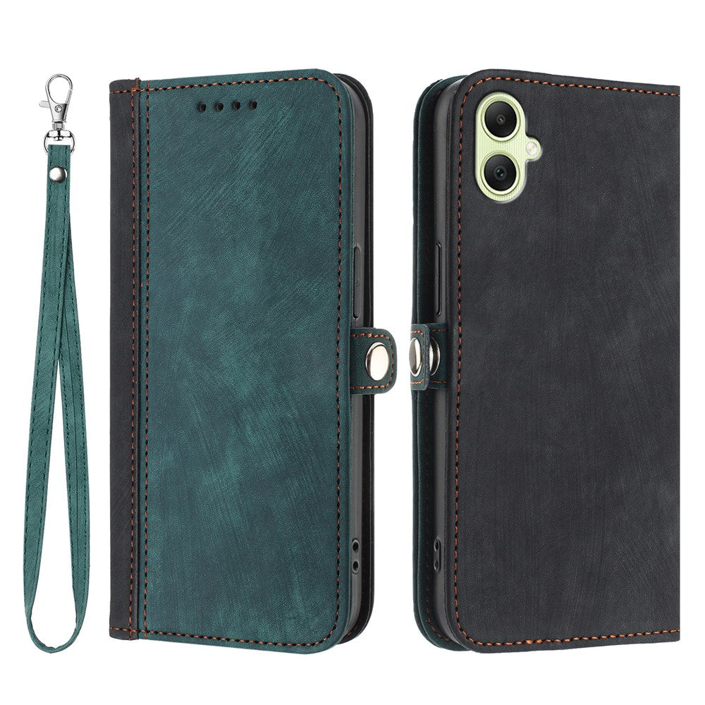 Samsung Galaxy A08 5G / A08 4G / A07 4G / A07s 4G / A06 4G / A06 5G PU-lædercover med rem, mobilcover, stativ og magnetisk knapdesign på siden