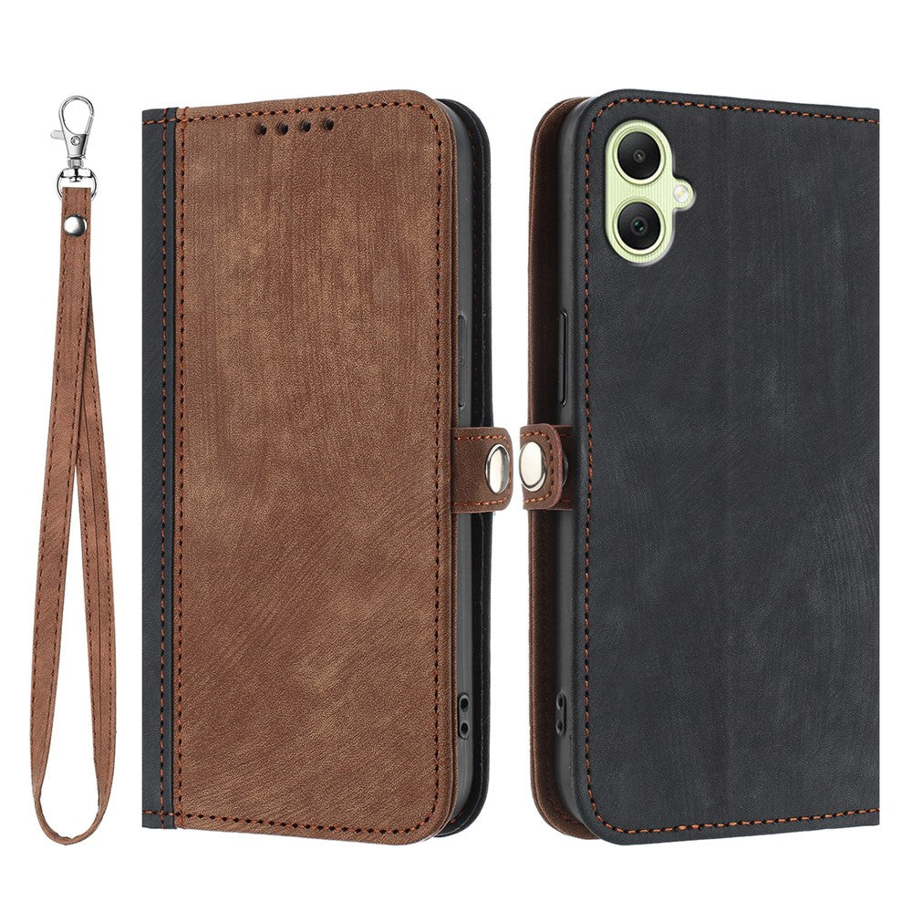 Samsung Galaxy A08 5G / A08 4G / A07 4G / A07s 4G / A06 4G / A06 5G PU-lædercover med rem, mobilcover, stativ og magnetisk knapdesign på siden