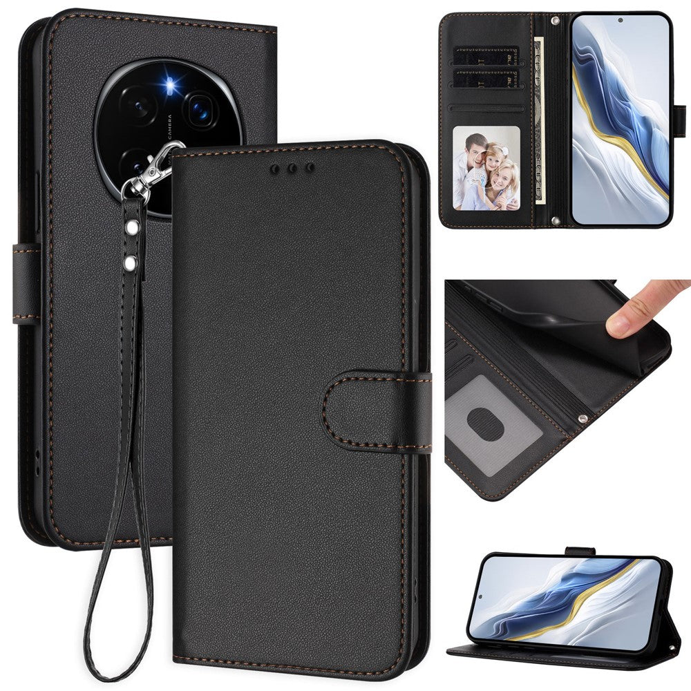 For Honor Magic7 Pro 5G Leather Case Wallet Stand Phone Cover with Wrist Strap