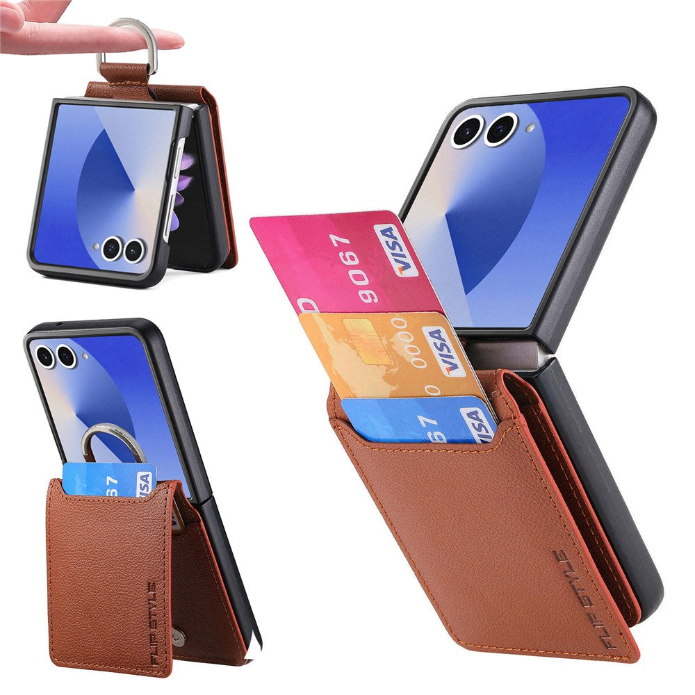 Til Samsung Galaxy Z Flip7 5G Etui Kortholder Støtteben PU + PC Telefoncover med Fingerring