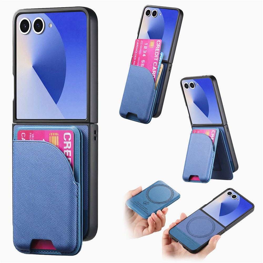 Til Samsung Galaxy Z Flip7 5G Magnetisk Etui Støttefod Denim Tekstur Læder Bagcover med Aftagelig Korttaske