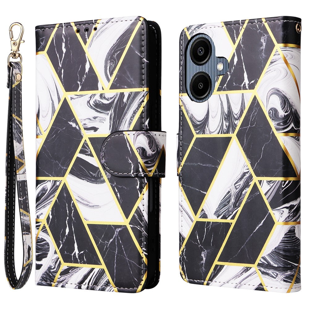 Mobilcover til Samsung Galaxy A08 5G / A08 4G / A07 4G / A07s 4G / A06 4G / A06 5G, lakeret lædercover med marmormønster og håndledsrem