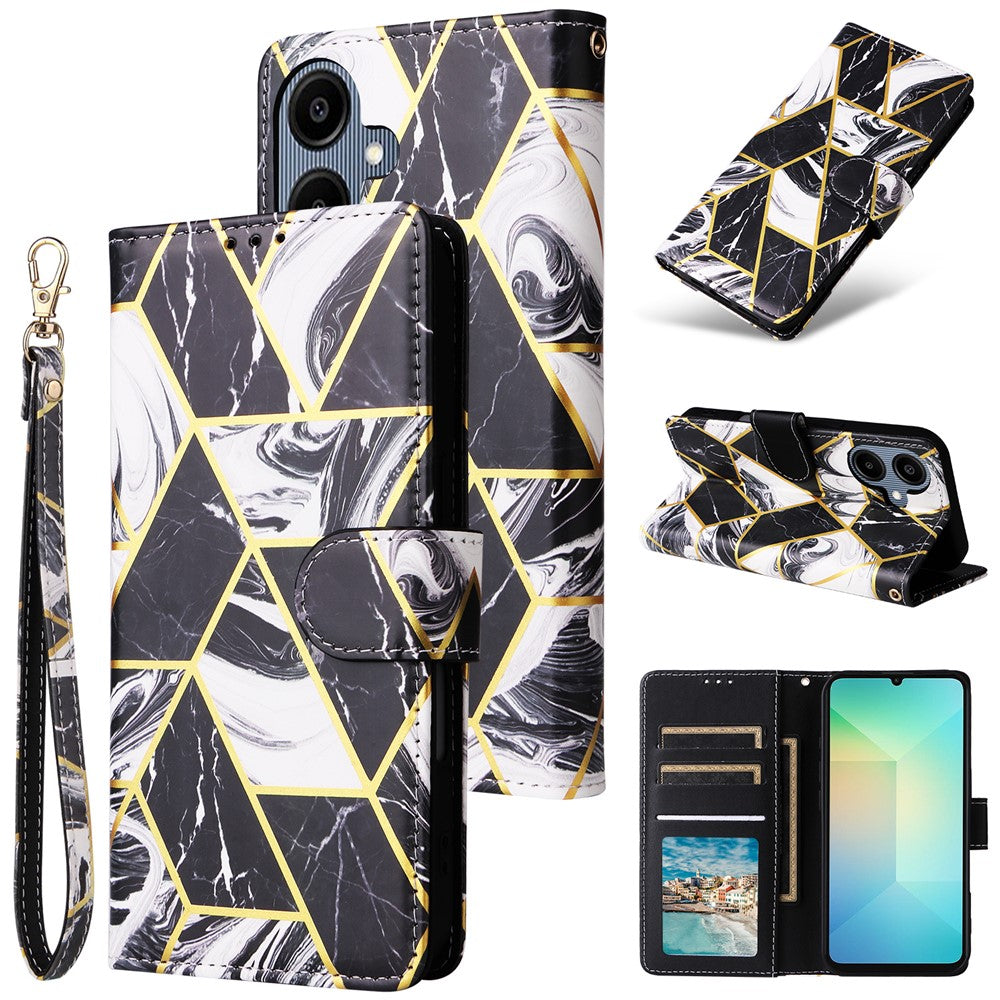 Mobilcover til Samsung Galaxy A08 5G / A08 4G / A07 4G / A07s 4G / A06 4G / A06 5G, lakeret lædercover med marmormønster og håndledsrem