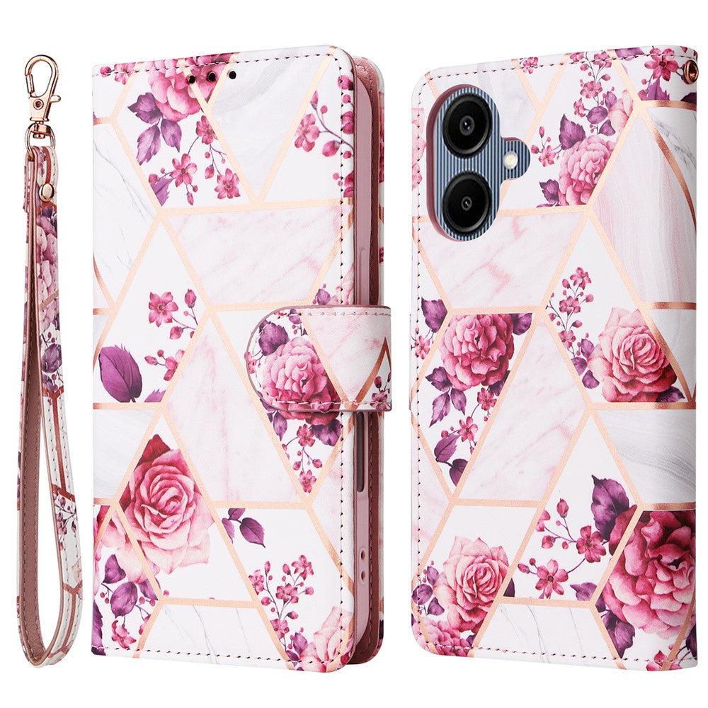 Mobilcover til Samsung Galaxy A08 5G / A08 4G / A07 4G / A07s 4G / A06 4G / A06 5G, lakeret lædercover med marmormønster og håndledsrem