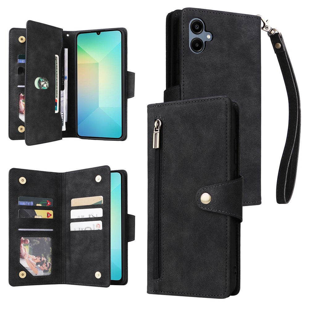 Phone Case For Samsung Galaxy A08 5G / A08 4G / A07 4G / A06 4G / A06 5G Zipper Wallet Rivet Decor Leather Cover with Wrist Strap