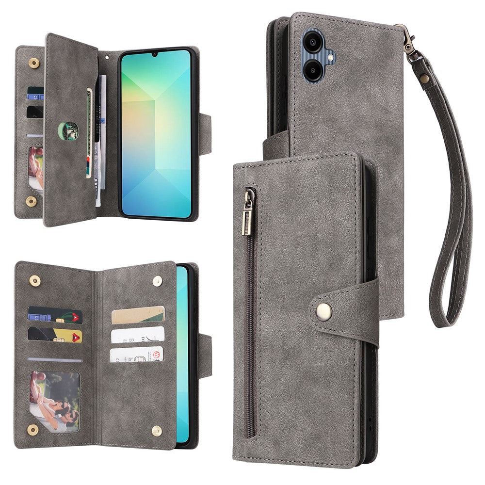 Phone Case For Samsung Galaxy A08 5G / A08 4G / A07 4G / A06 4G / A06 5G Zipper Wallet Rivet Decor Leather Cover with Wrist Strap