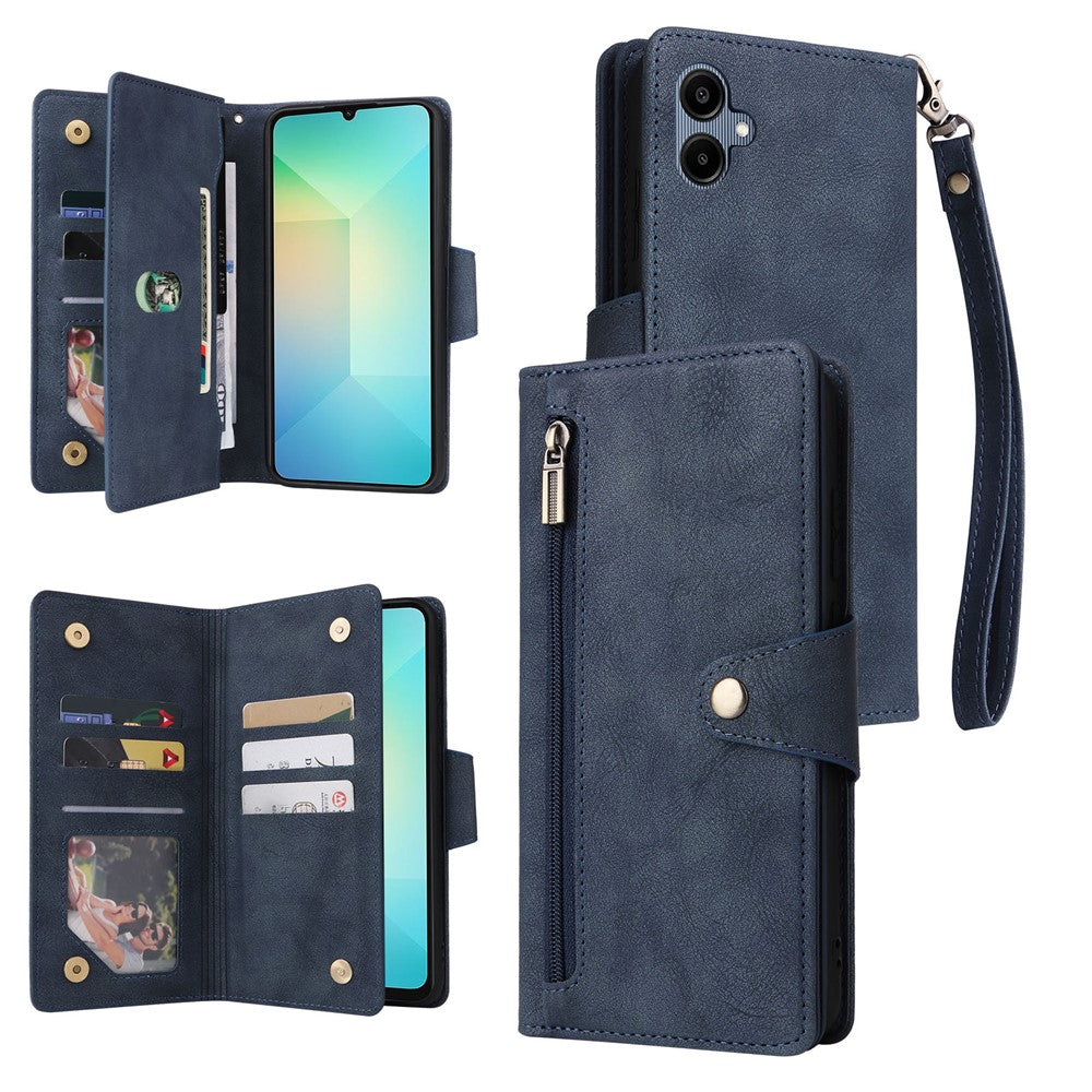 Phone Case For Samsung Galaxy A08 5G / A08 4G / A07 4G / A06 4G / A06 5G Zipper Wallet Rivet Decor Leather Cover with Wrist Strap