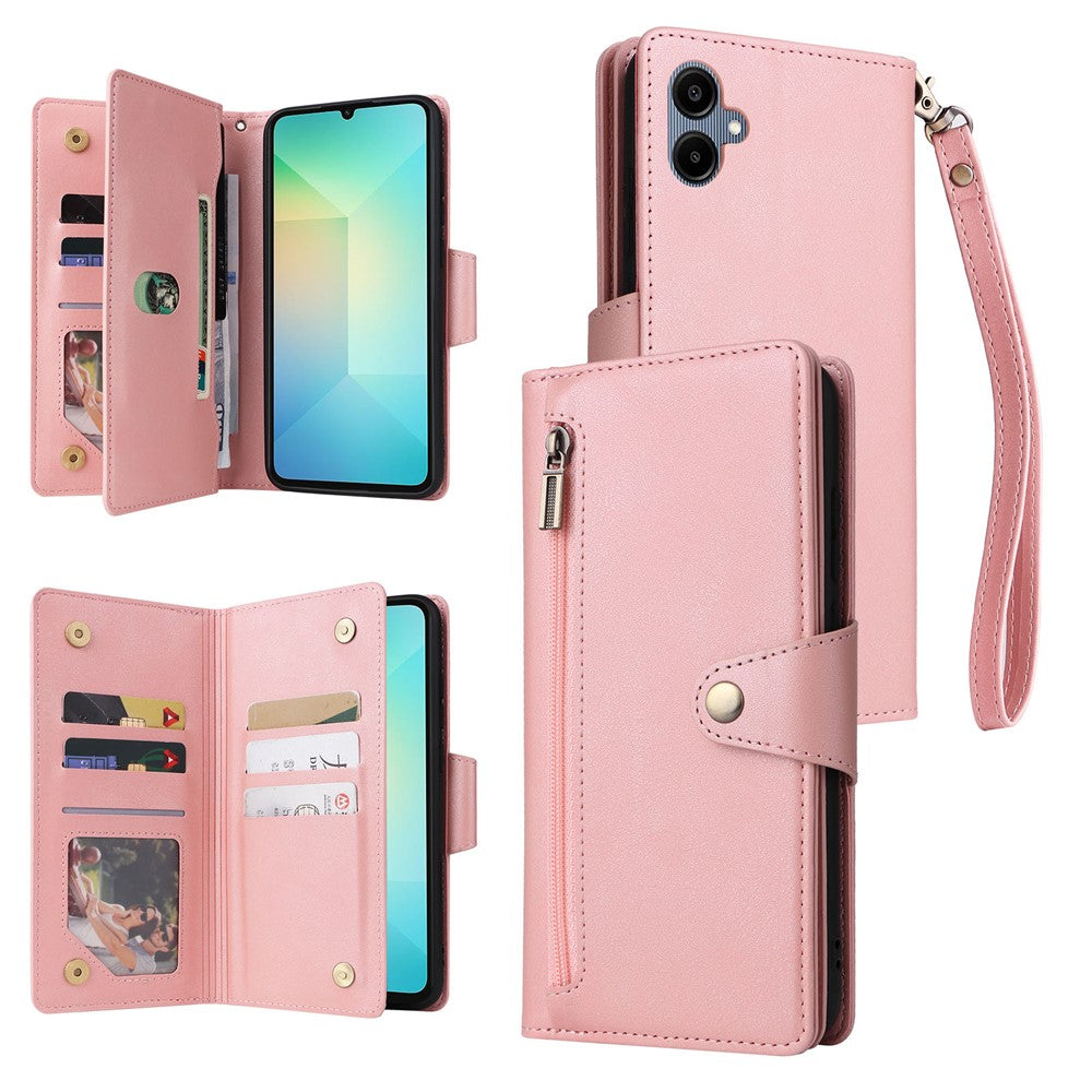 Phone Case For Samsung Galaxy A08 5G / A08 4G / A07 4G / A06 4G / A06 5G Zipper Wallet Rivet Decor Leather Cover with Wrist Strap