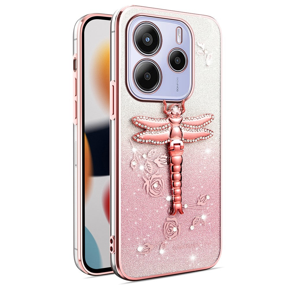 KADEM til Xiaomi Redmi Note 14 4G (164.84 mm), TPU-mobilcover med guldsmed, stativ, blomster og glitter