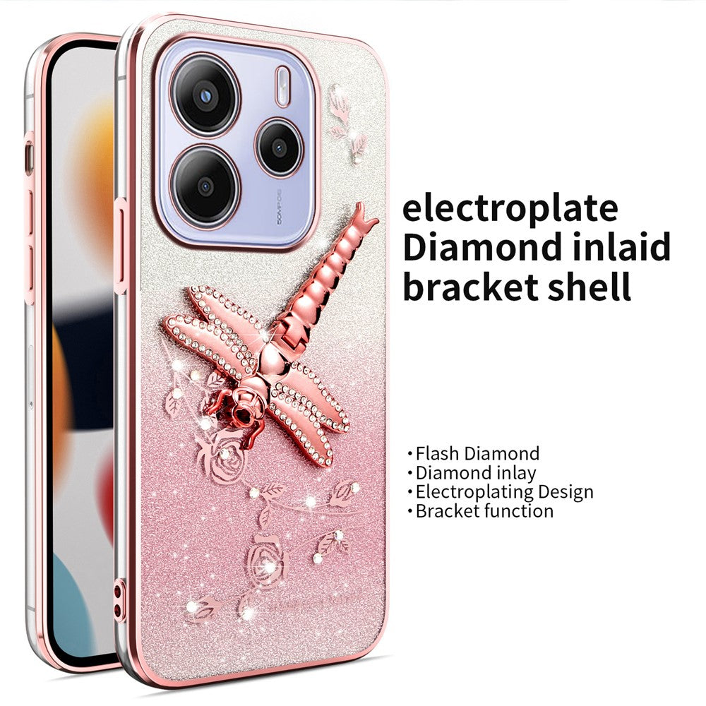 KADEM til Xiaomi Redmi Note 14 4G (164.84 mm), TPU-mobilcover med guldsmed, stativ, blomster og glitter