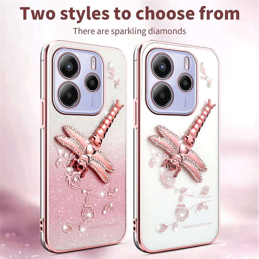 KADEM til Xiaomi Redmi Note 14 4G (164.84 mm), TPU-mobilcover med guldsmed, stativ, blomster og glitter