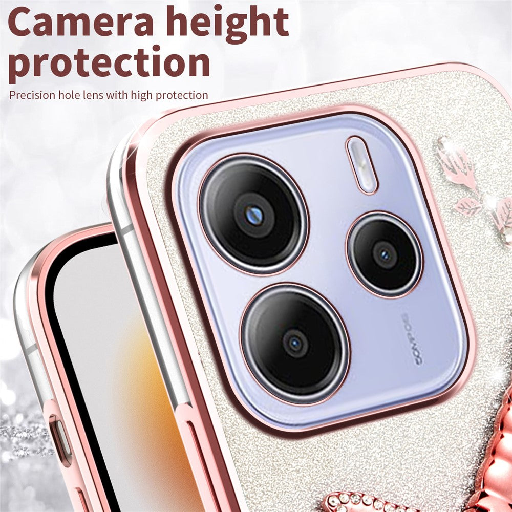 KADEM til Xiaomi Redmi Note 14 4G (164.84 mm), TPU-mobilcover med guldsmed, stativ, blomster og glitter
