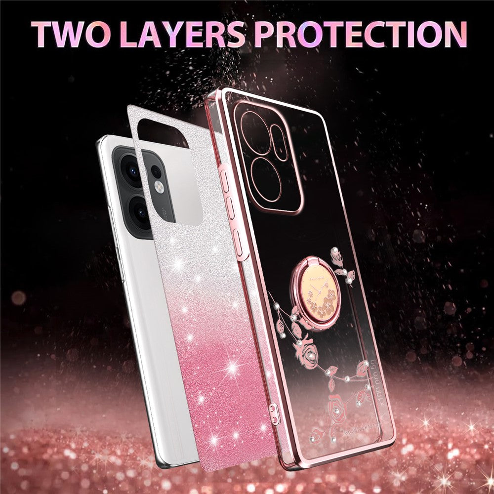 KADEM etui til Oppo Reno13 F 5G (Reno 13 FS 5G) / 4G med ringstativ, TPU, blomster, mobilcover med gradient og glitter