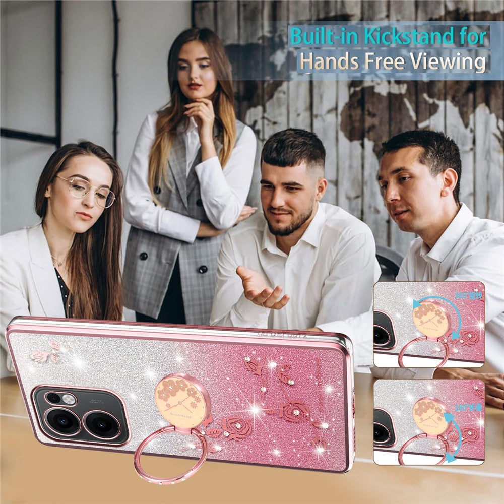 KADEM etui til Oppo Reno13 F 5G (Reno 13 FS 5G) / 4G med ringstativ, TPU, blomster, mobilcover med gradient og glitter