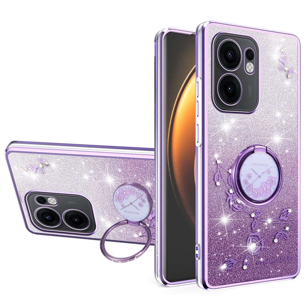 KADEM etui til Oppo Reno13 F 5G (Reno 13 FS 5G) / 4G med ringstativ, TPU, blomster, mobilcover med gradient og glitter