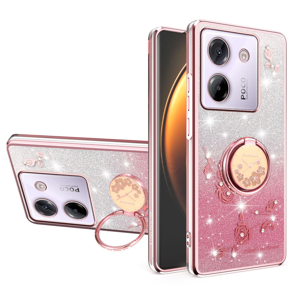 KADEM For Xiaomi Poco M7 Pro 5G Case Ring Kickstand TPU Flowers Phone Cover Gradient Glitter