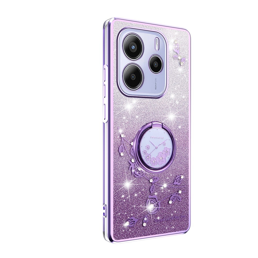 KADEM For Xiaomi Redmi Note 14 4G (164.84mm) Case Ring Kickstand TPU Flowers Phone Cover Gradient Glitter