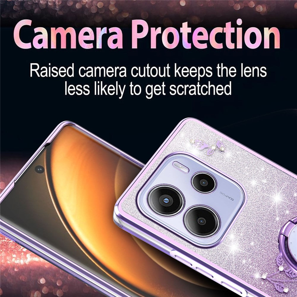 KADEM For Xiaomi Redmi Note 14 4G (164.84mm) Case Ring Kickstand TPU Flowers Phone Cover Gradient Glitter