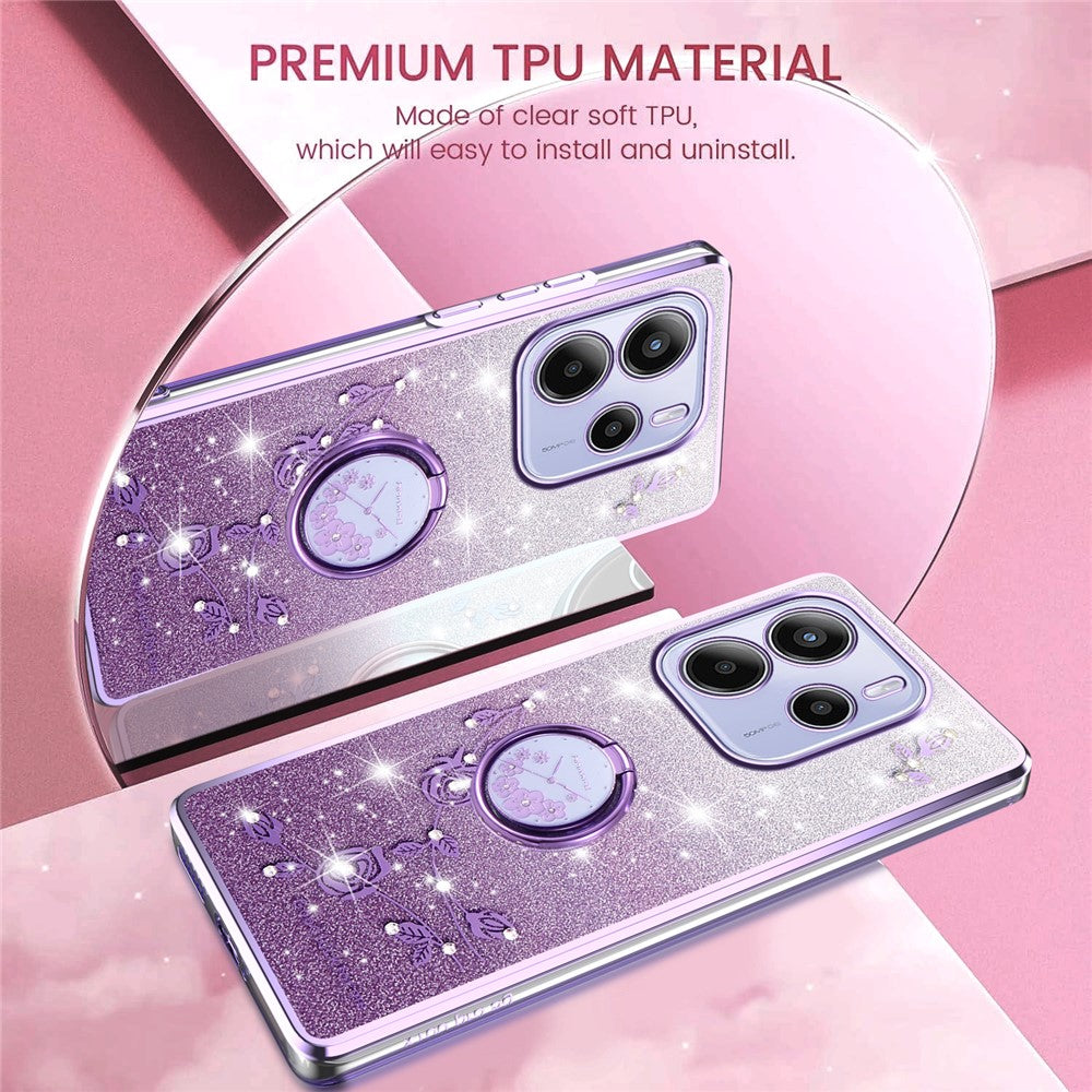 KADEM For Xiaomi Redmi Note 14 4G (164.84mm) Case Ring Kickstand TPU Flowers Phone Cover Gradient Glitter