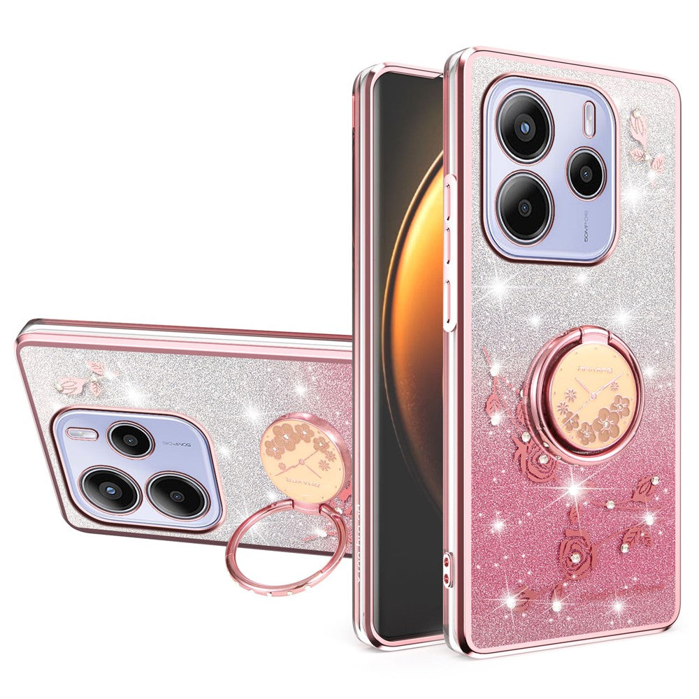 KADEM For Xiaomi Redmi Note 14 4G (164.84mm) Case Ring Kickstand TPU Flowers Phone Cover Gradient Glitter
