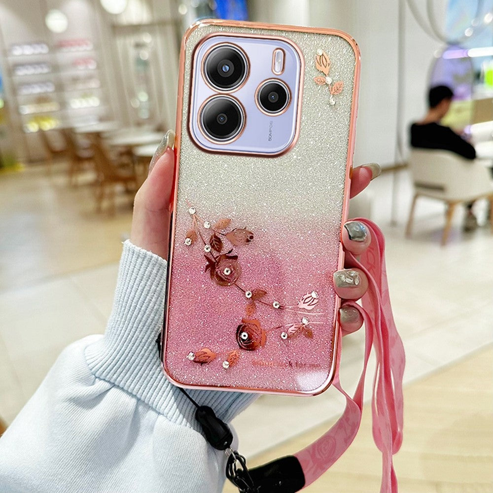 KADEM For Xiaomi Redmi Note 14 4G (164.84mm) Case Flower Pattern TPU Gradient Phone Cover with Lanyards