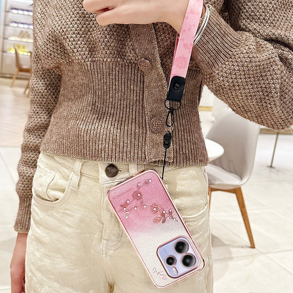 KADEM For Xiaomi Redmi Note 14 4G (164.84mm) Case Flower Pattern TPU Gradient Phone Cover with Lanyards