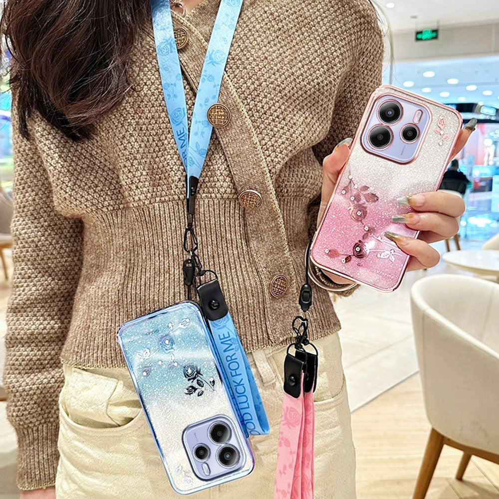 KADEM For Xiaomi Redmi Note 14 4G (164.84mm) Case Flower Pattern TPU Gradient Phone Cover with Lanyards