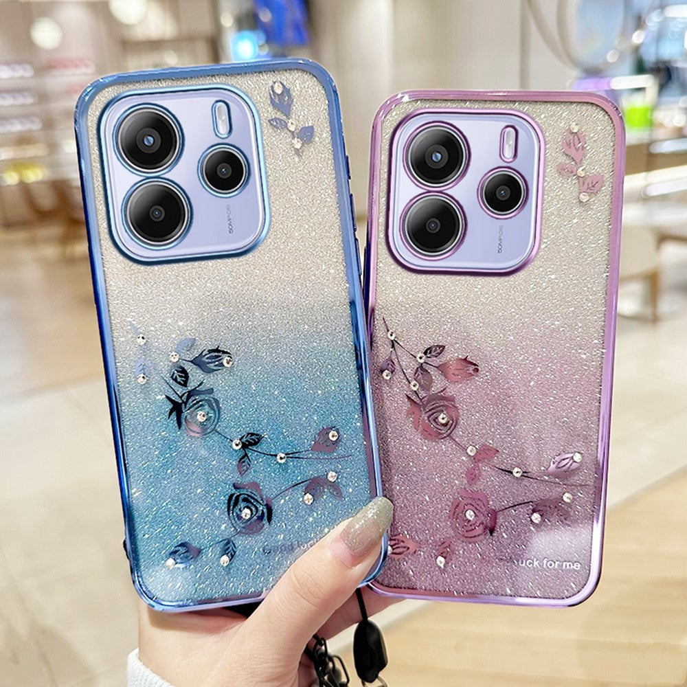KADEM For Xiaomi Redmi Note 14 4G (164.84mm) Case Flower Pattern TPU Gradient Phone Cover with Lanyards