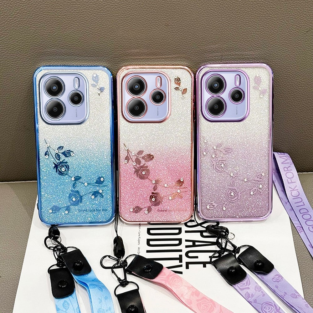 KADEM For Xiaomi Redmi Note 14 4G (164.84mm) Case Flower Pattern TPU Gradient Phone Cover with Lanyards