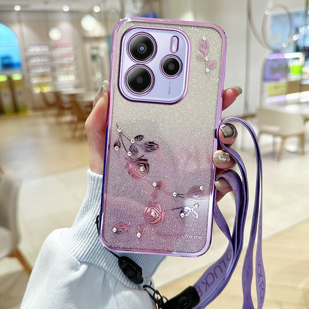 KADEM For Xiaomi Redmi Note 14 4G (164.84mm) Case Flower Pattern TPU Gradient Phone Cover with Lanyards