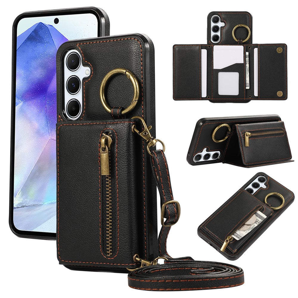 For Samsung Galaxy S25  /  S24 Leather Back Cover Zipper Wallet Kickstand Phone Case with Shoulder Strap