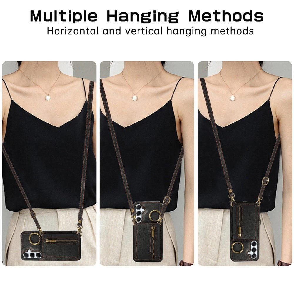 For Samsung Galaxy S25  /  S24 Leather Back Cover Zipper Wallet Kickstand Phone Case with Shoulder Strap