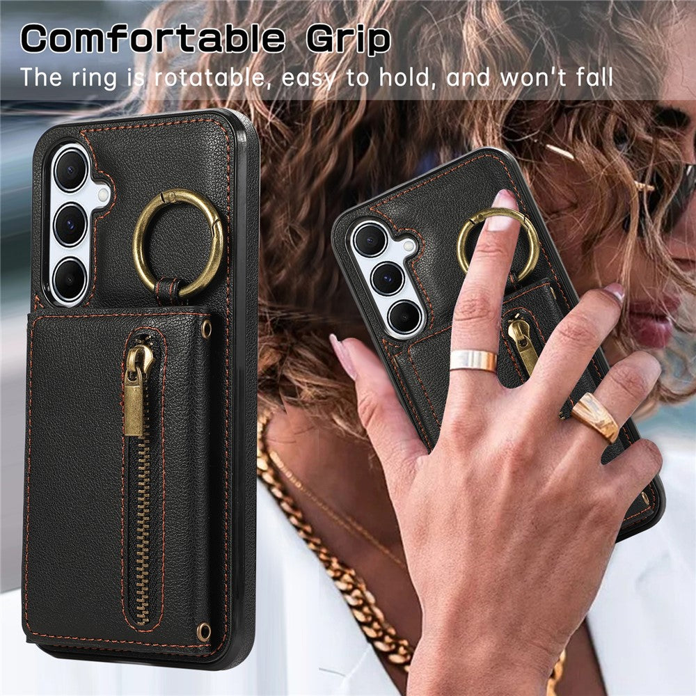 For Samsung Galaxy S25  /  S24 Leather Back Cover Zipper Wallet Kickstand Phone Case with Shoulder Strap