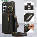 For Samsung Galaxy S25  /  S24 Leather Back Cover Zipper Wallet Kickstand Phone Case with Shoulder Strap