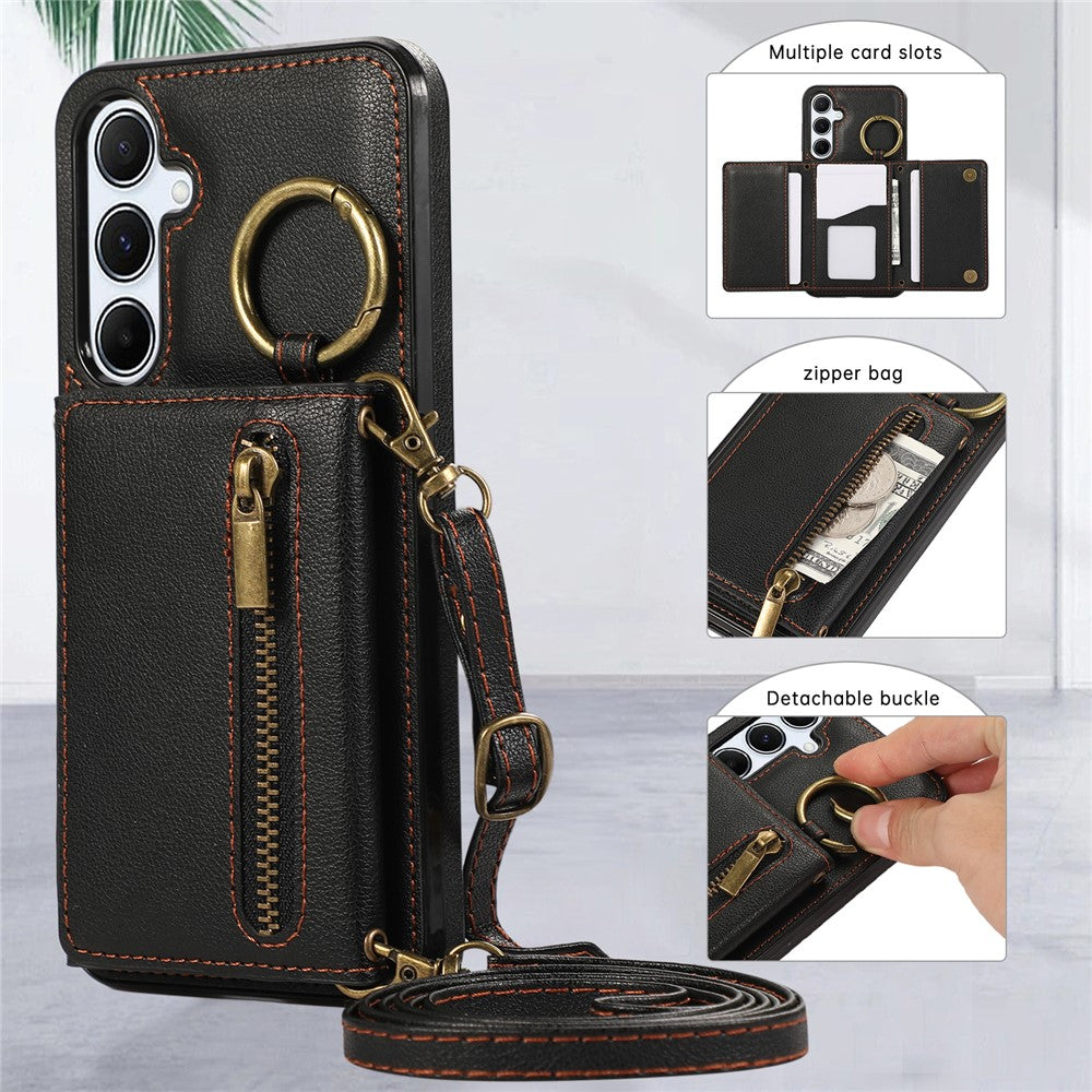 For Samsung Galaxy S25  /  S24 Leather Back Cover Zipper Wallet Kickstand Phone Case with Shoulder Strap