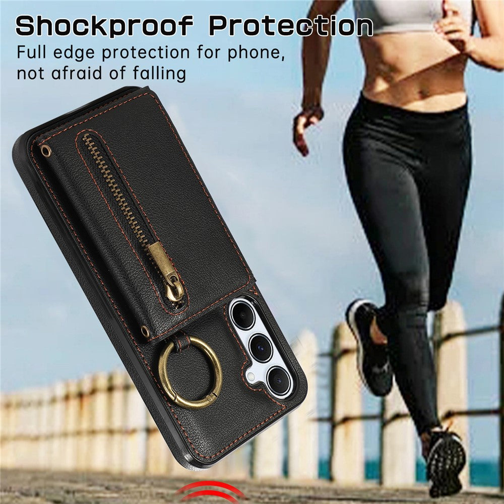 For Samsung Galaxy S25  /  S24 Leather Back Cover Zipper Wallet Kickstand Phone Case with Shoulder Strap