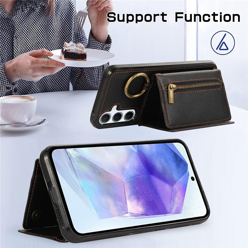 For Samsung Galaxy S25  /  S24 Leather Back Cover Zipper Wallet Kickstand Phone Case with Shoulder Strap
