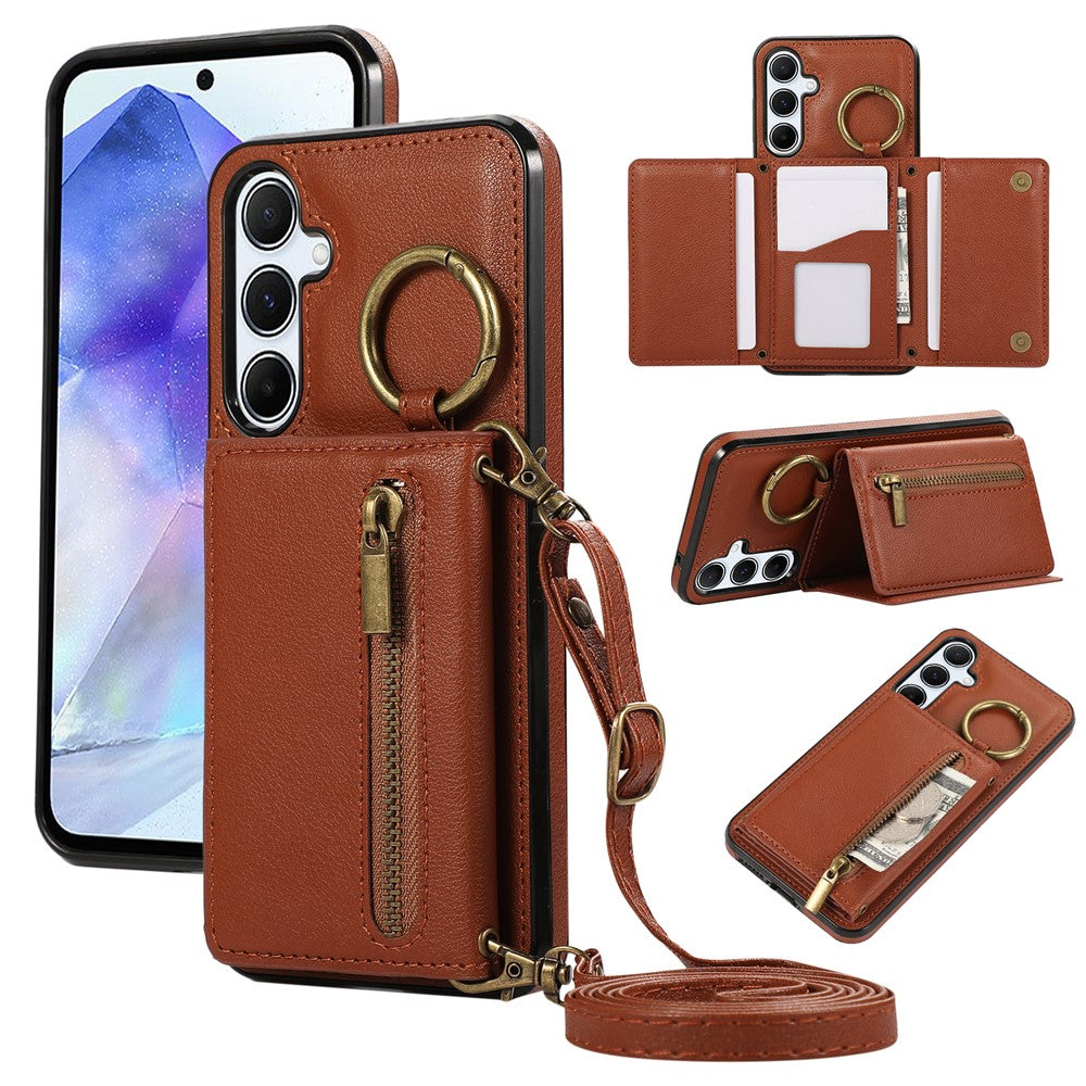 For Samsung Galaxy S25  /  S24 Leather Back Cover Zipper Wallet Kickstand Phone Case with Shoulder Strap