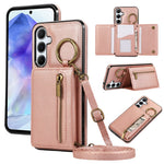 For Samsung Galaxy S25  /  S24 Leather Back Cover Zipper Wallet Kickstand Phone Case with Shoulder Strap