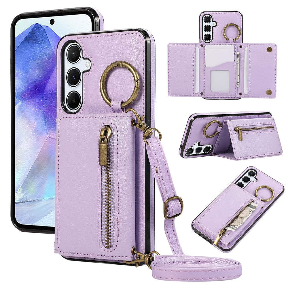 For Samsung Galaxy S25  /  S24 Leather Back Cover Zipper Wallet Kickstand Phone Case with Shoulder Strap