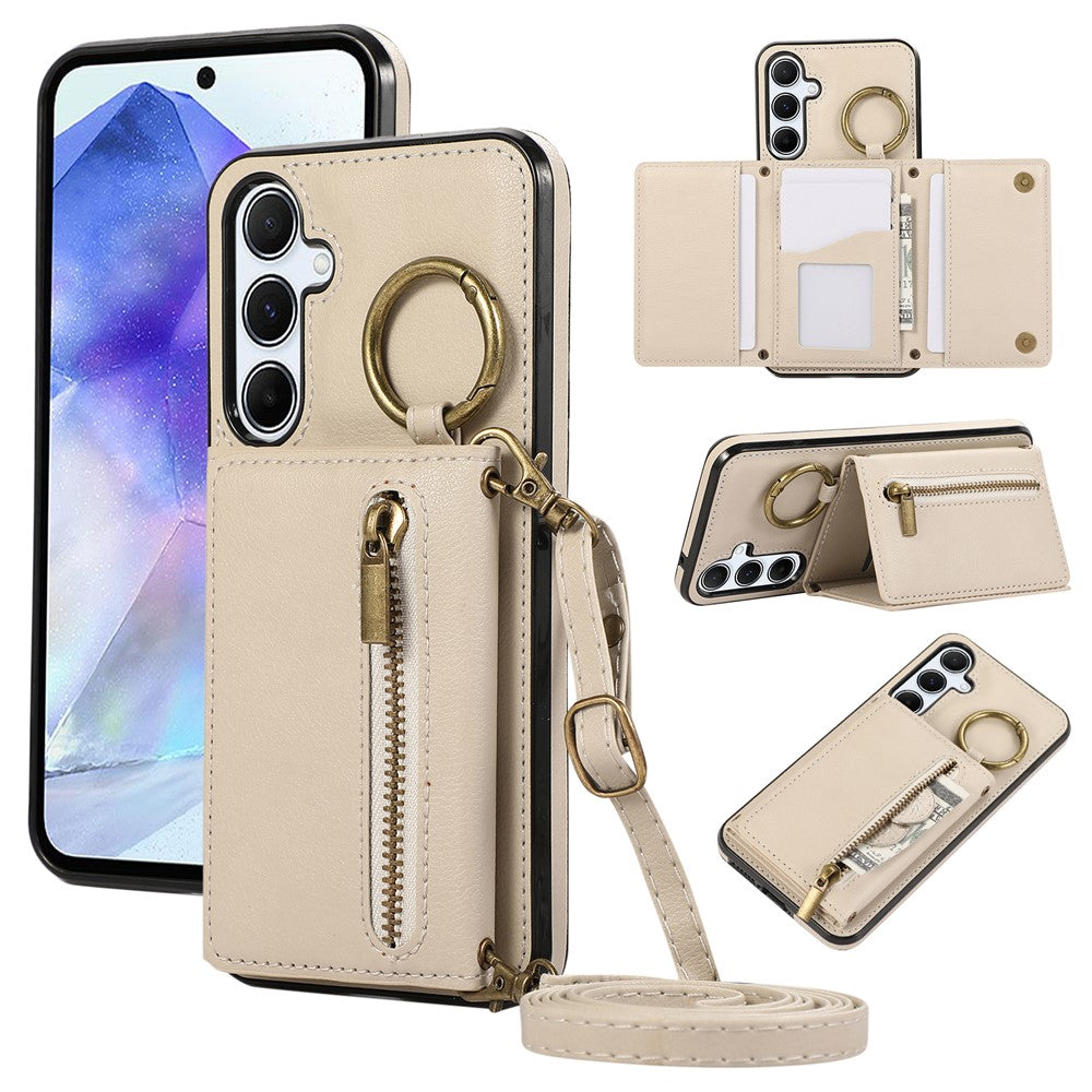 For Samsung Galaxy S25  /  S24 Leather Back Cover Zipper Wallet Kickstand Phone Case with Shoulder Strap