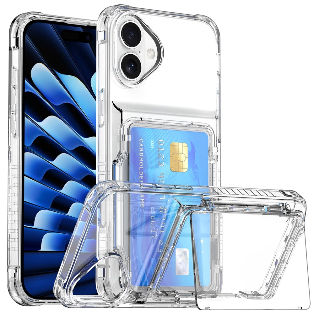 For iPhone 17 Clear Case PC + TPU Phone Cover Card Holder Kickstand