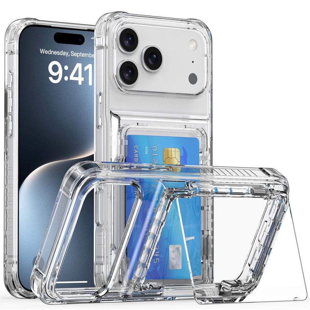 Til iPhone 18 Pro / 17 Pro Gennemsigtigt Cover PC + TPU Telefoncover med Kortholder og Støttefod