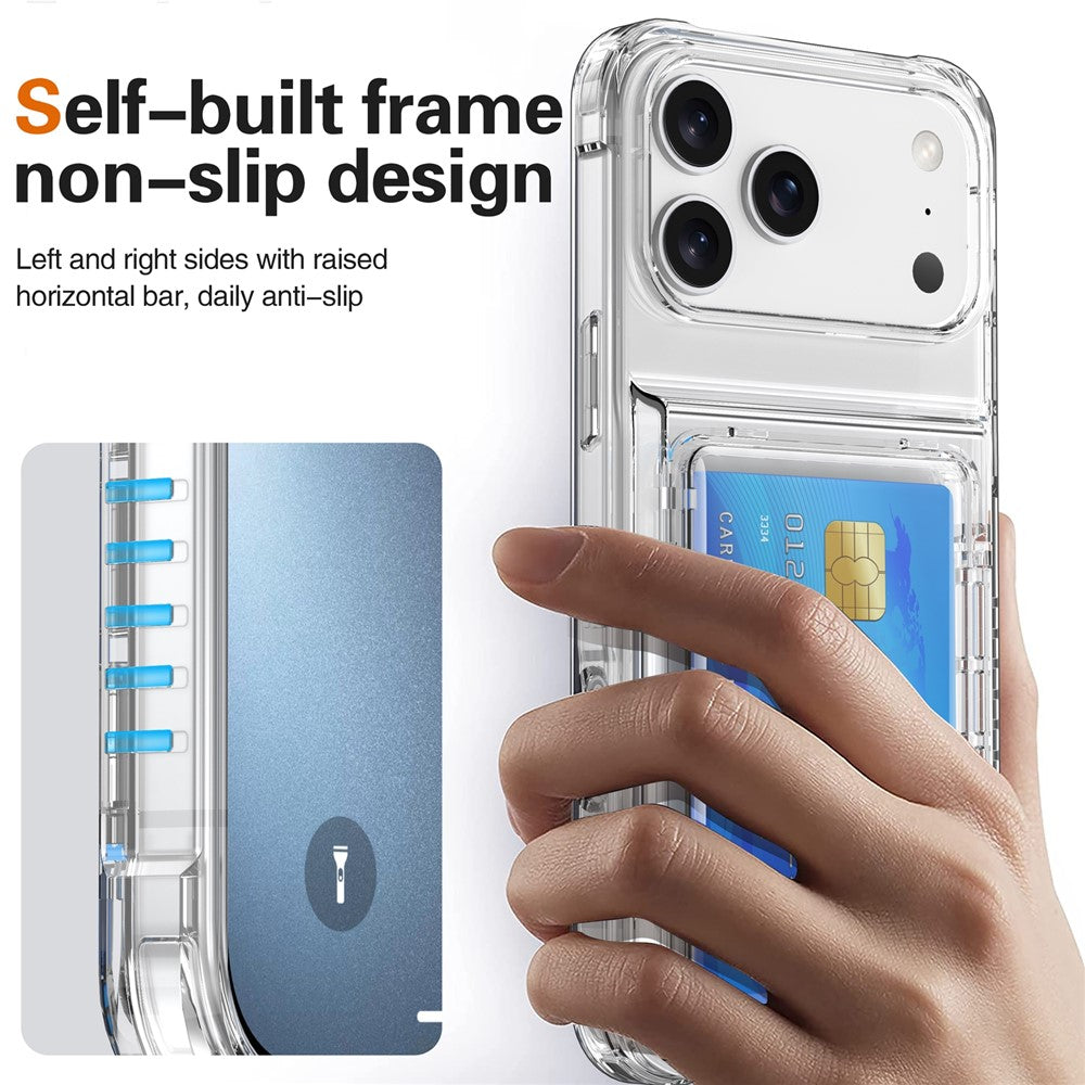 Til iPhone 18 Pro / 17 Pro Gennemsigtigt Cover PC + TPU Telefoncover med Kortholder og Støttefod