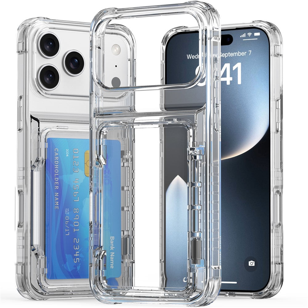 Til iPhone 18 Pro / 17 Pro Gennemsigtigt Cover PC + TPU Telefoncover med Kortholder og Støttefod