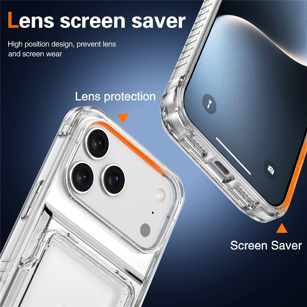 Til iPhone 18 Pro / 17 Pro Gennemsigtigt Cover PC + TPU Telefoncover med Kortholder og Støttefod