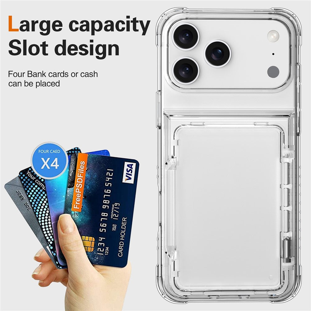 Til iPhone 18 Pro / 17 Pro Gennemsigtigt Cover PC + TPU Telefoncover med Kortholder og Støttefod