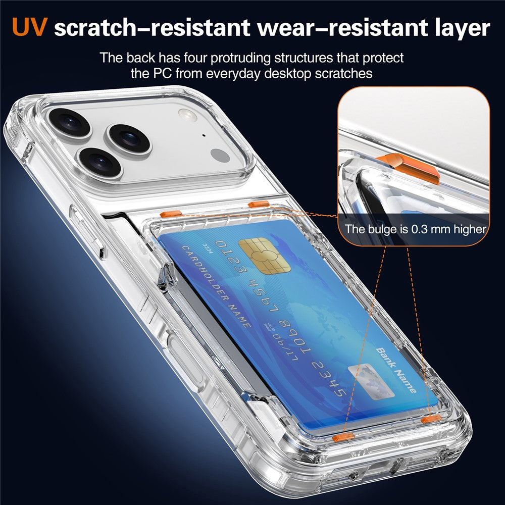 Til iPhone 18 Pro / 17 Pro Gennemsigtigt Cover PC + TPU Telefoncover med Kortholder og Støttefod