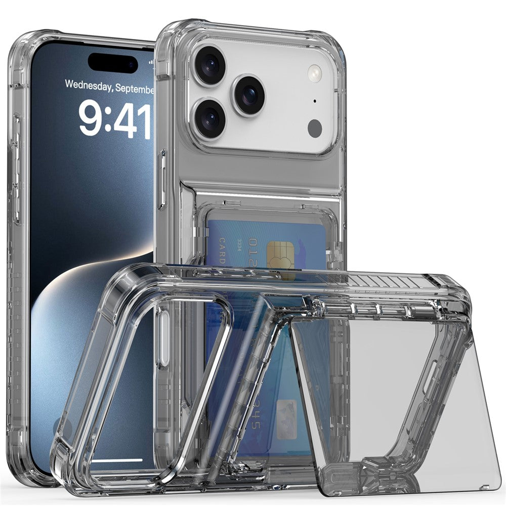 Til iPhone 18 Pro / 17 Pro Gennemsigtigt Cover PC + TPU Telefoncover med Kortholder og Støttefod