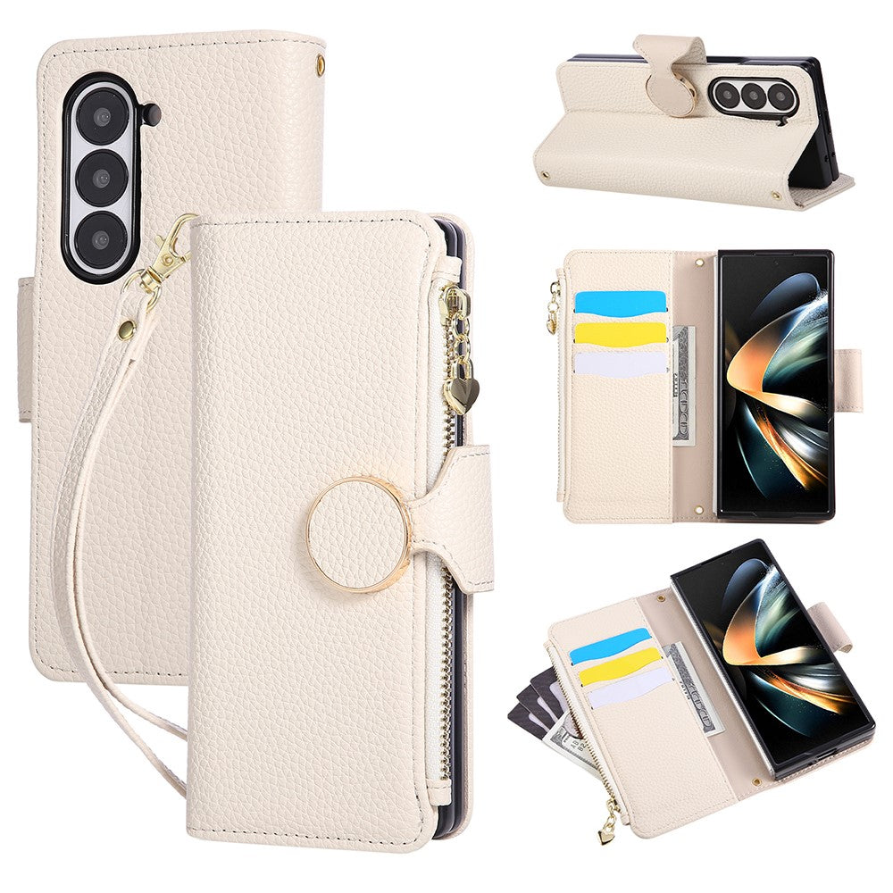 For Samsung Galaxy Z Fold7 5G Case Zipper Wallet Leather Phone Cover with Wrist Strap